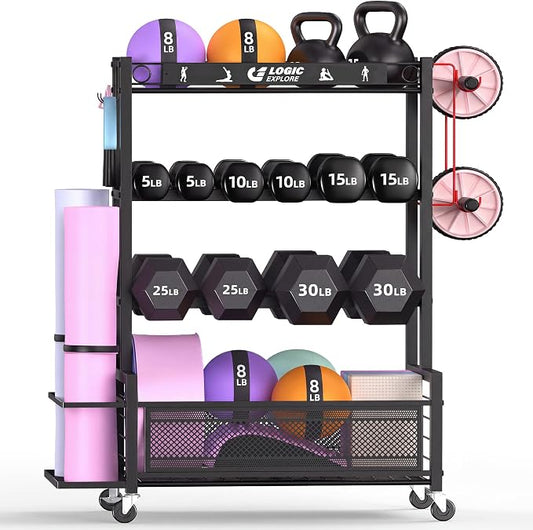 Dumbbell Rack Weight Storage Rack | Adjustable Weight Rack with Wheels, for Home Gym, for Dumbbells, Kettlebells, Yoga Mat, Foam Roller,Workout Equipment
