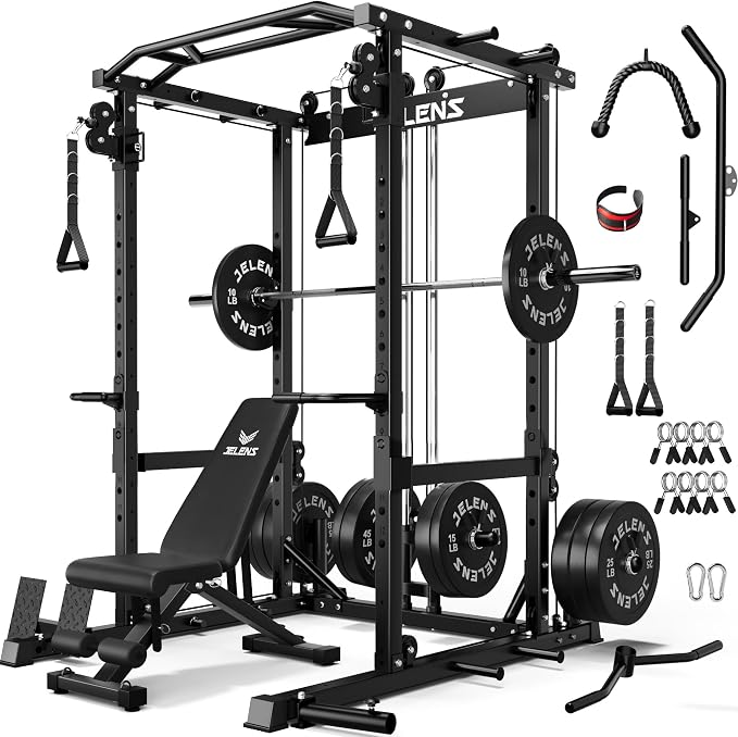 JELENS C12 Power Rack, 2000LBS Squat Rack with Cable Crossover System, Workout Cage with More Training Attachments for Home Gym