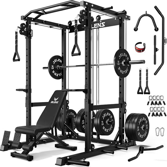 JELENS C12 Power Rack, 2000LBS Squat Rack with Cable Crossover System, Workout Cage with More Training Attachments for Home Gym