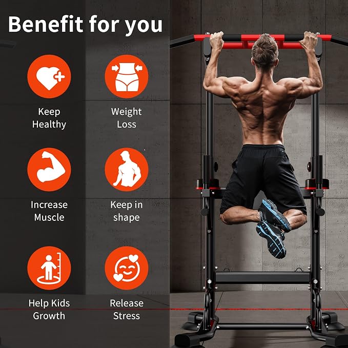 SogesHome Pull Up Bar and Dip Station Adjustable Home Gym Fitness Equipment | Multifunctional Heavy Duty Power Tower 330LB Capacity, Free Standing Strength Training Exercise Machine for Full Body Workout