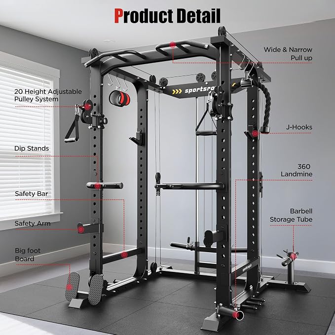 Sportsroyals Power Cage, 1600LBS Squat Rack with Cable Crossover System | Power Rack with LAT Pull Down System, Workout Cage with Pulley System for Fitness Home Gym Strength Training