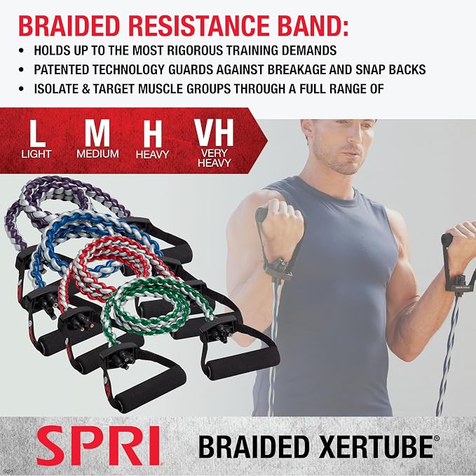 SPRI Braided Xertube Resistance Band | Premium Braided Construction | Comfort Grip Handles | Home Gym Strength Training | Men & Women