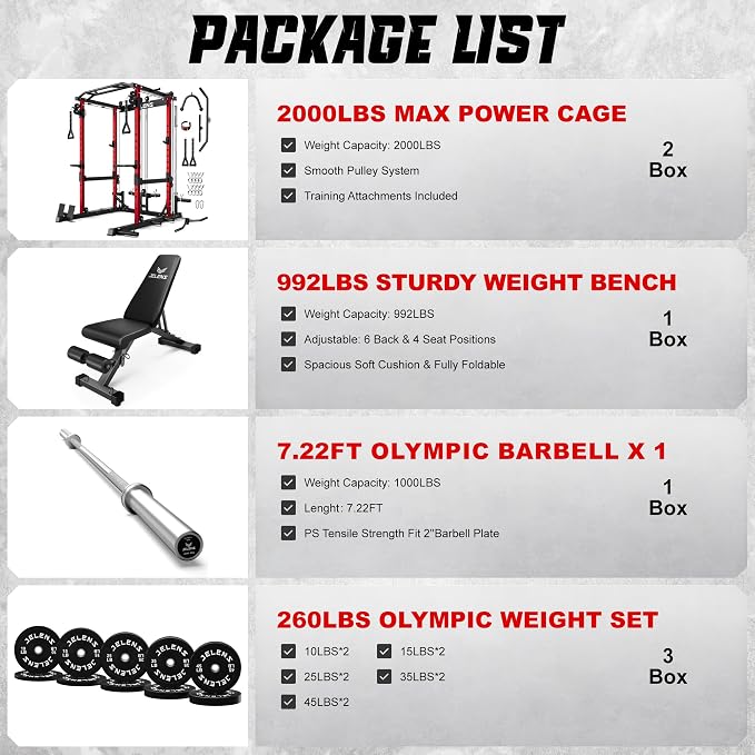 JELENS C12 Power Rack, 2000LBS Squat Rack with Cable Crossover System, Workout Cage with More Training Attachments for Home Gym