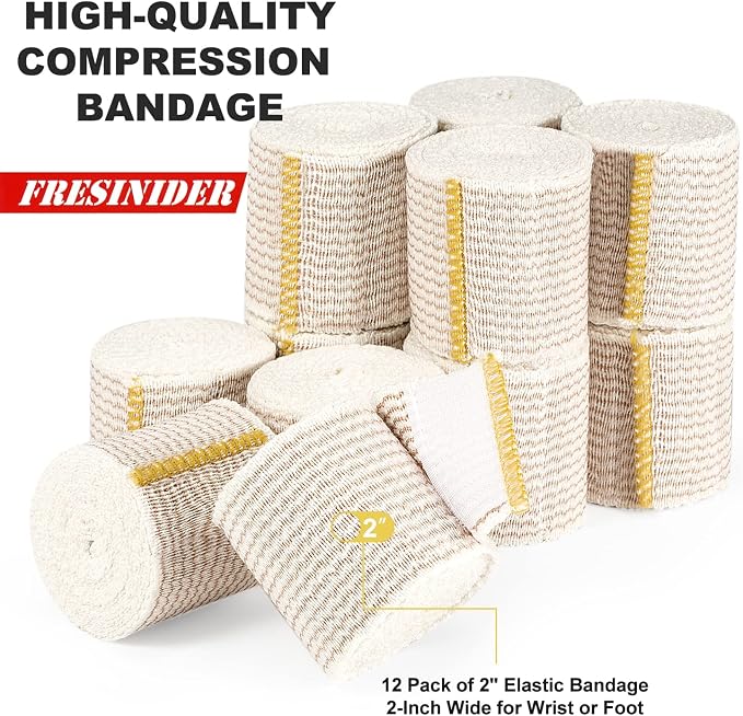 FRESINIDER Premium Elastic Bandage Wrap 2 Inch, 12 Pack, Hook and Loop | For Sprained Wrists, Fingers & Ankles – Wrap, Secure , No Clips Needed Comfortable & Reusable for First Aid, Sport