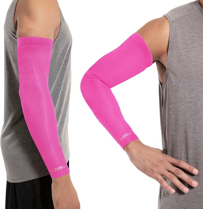 Copper Compression Arm Sleeve - Copper Infused Full Arm Brace for Forearm, Bicep, Triceps - Tennis Elbow, Basketball, Golf, Arthritis, Tendonitis, Bursitis, Post Surgery Rehab - Odor Resistant - Pink - L