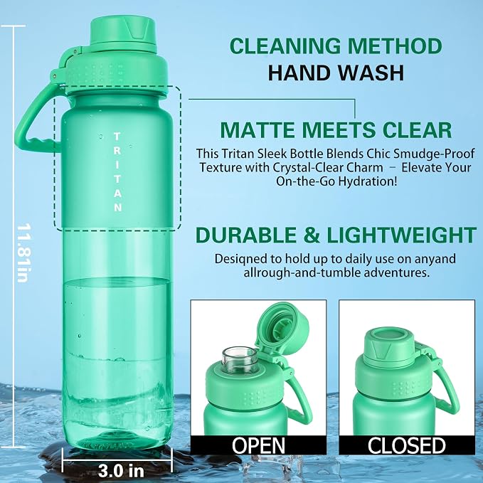 OLDLEY 32oz Water Bottle with Handle, BPA-Free Tritan Reusable Sports Water Bottle with Leak-Proof Dust Lid, Wide Mouth, Cup Holder Friendly, Half Frosted Clear Bottle for Gym,Travel,Work,Mint Green