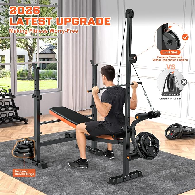 Fostoy Olympic Weight Bench with Lat Pulldown, Squat Rack & Leg Curl | Adjustable,Cable Row, Squat Rack, Leg Developer, Preacher Curl, Multi-Angle Backrest, Full Body Strength Training