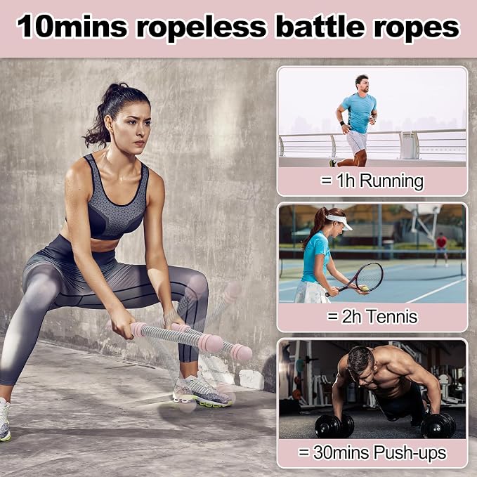 Portable Ropeless Battle Ropes, Adjustable Weights Cordless Battle Ropes for Home Gym with Storage Bag, Exercise Equipment for Low-Impact Workout, Strength & HIIT, for Men & Women (Pink)