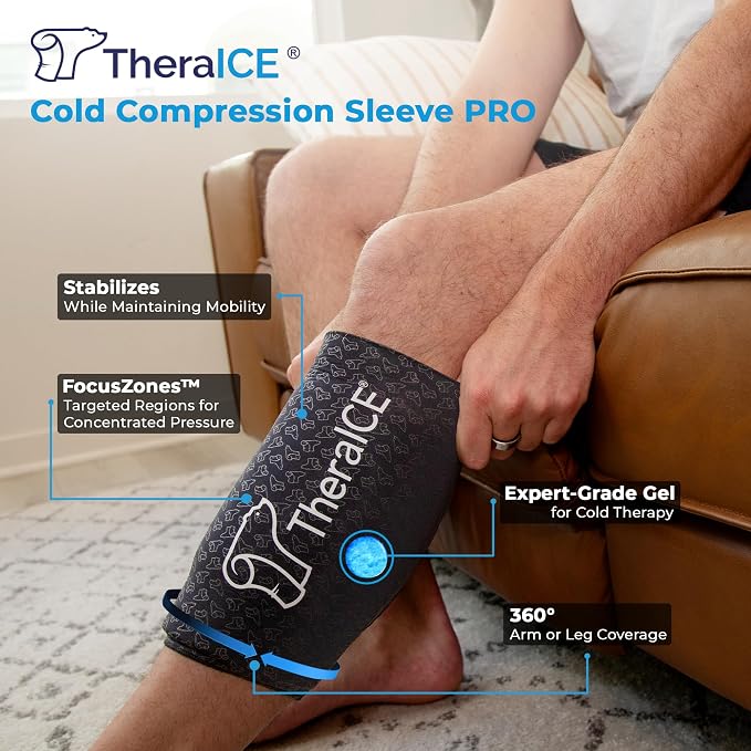 TheraICE Knee Ice Pack Wrap PRO Compression Sleeve, Reusable Gel Cold Packs Brace Also for Elbow, Ankle & Calf - Flexible Cold Wrap Recovery, FocusZone Technology for Extra Cooling & Pressure (M) | FocusZone Extra Cooling, Flexible Gel Ice Pack for Pos...