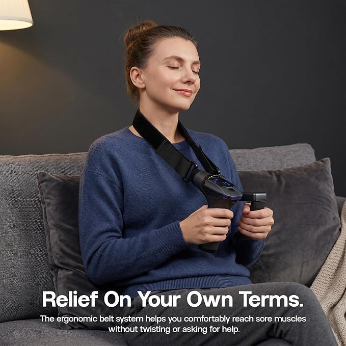 Extended Reach Massage Gun for Back Relief – Deep Tissue Percussion Massager with Handle & Massage Belt for Hard-to-Reach Areas, 12 Speeds & 4 Heads