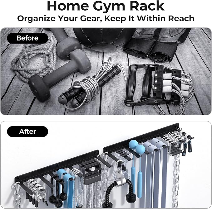 Home Gym Accessories Storage Wall Rack with Sturdy Hooks, Carabiner Clips | Heavy Duty Home Gym Equipment Storage Rack Wall Mount for Resistance Bands, Cable Attachments,Lifting Belts,Jump Ropes,Chains