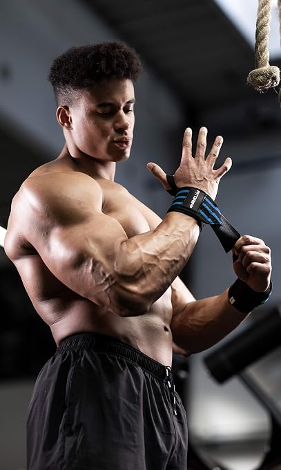 Fitgriff® Wrist Wraps for Weightlifting (18") Heavy-Duty Support for Gym, Bench Press, and Pushups (1 Pair) - for Men and Women (Black/Blue)