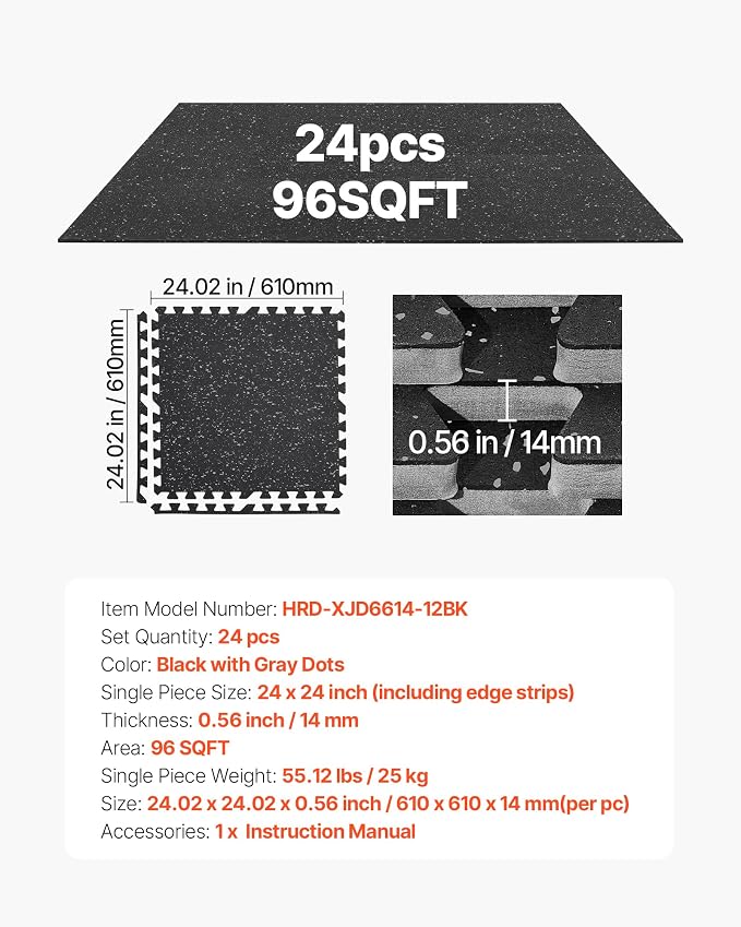 VEVOR 0.56Inch 96sq.ft 24 Tiles Gym Flooring for Home Gym, Rubber Top with High Density EVA Foam, 24 x 24In Gym Floor Exercise Equipment Mats, Interlocking Gym Mats, Puzzle Workout Mats, Black & Gray | Rubber Top with High Density EVA Foam, Lightweight...