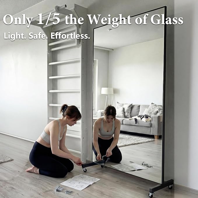 Full Length Floor Mirror with Wheels, Super Lightweight Glassless Shatterproof Film Mirror, Rolling Mirror for Home Gym, Dance Studio, Yoga Room, 67×20Inch, Black