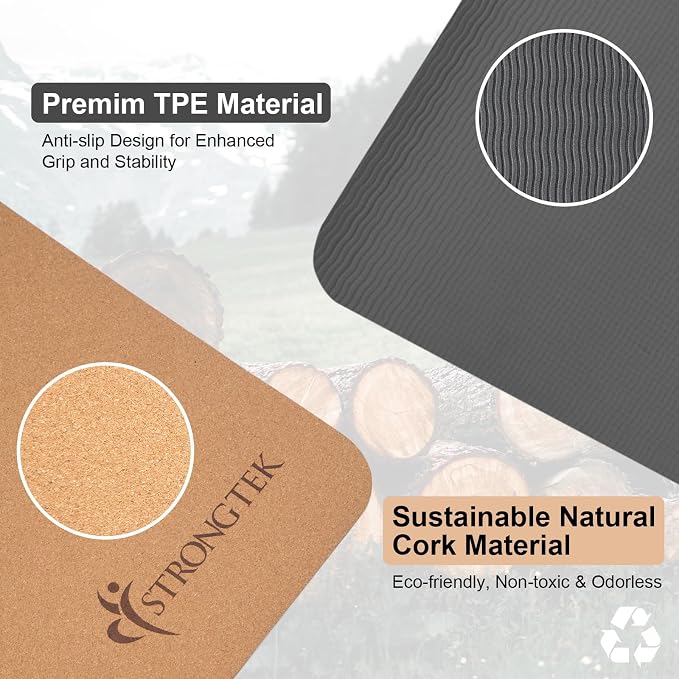 StrongTek Cork Yoga Mat, Eco-Friendly, TPE Base, 7 mm, 72 x 24 in | Natural Non-Slip Grip, Cushioned Support, Durable Surface, 2 lb Lightweight, Hot Yoga, Pilates, Home Fitness, Carry Strap