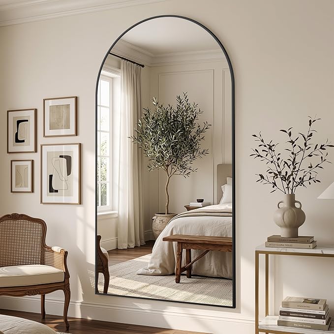 Suidia 82"x44" Arched Full Length Mirror with Stand, Full Body Mirror with Aluminum Frame, Freestanding/Leaning/Wall-Mounted, Floor Mirrors for Bedroom, Living Room, Entryway, Dressing Room, Black