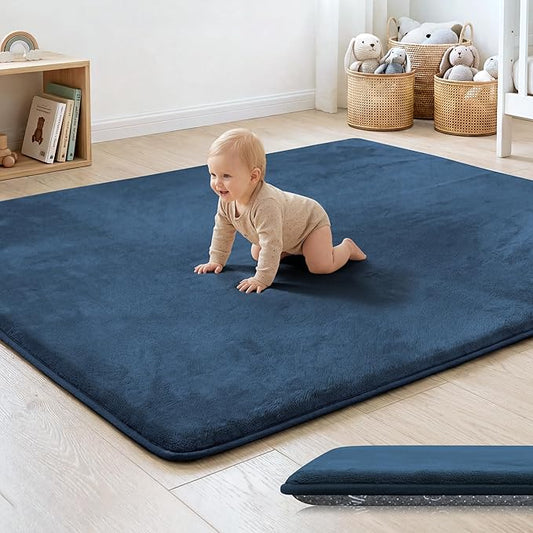 1.3" Thick Baby Floor Play Mat 59x79, Basic Padded Foam Mat for Tummy Time Crawling, Non Slip Cushioned for Babies Toddlers Infants Kids (Blue)