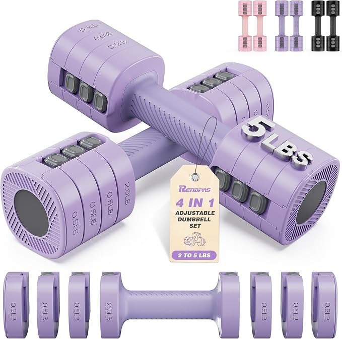 Rendpas Adjustable Dumbbell Set of 2, 10lb & 22lb Pairs (5lb/11lb Each) | Anti-Slip No-Roll Handle Weights, Bench Combo Option for Home Gym, Pilates & Strength Training