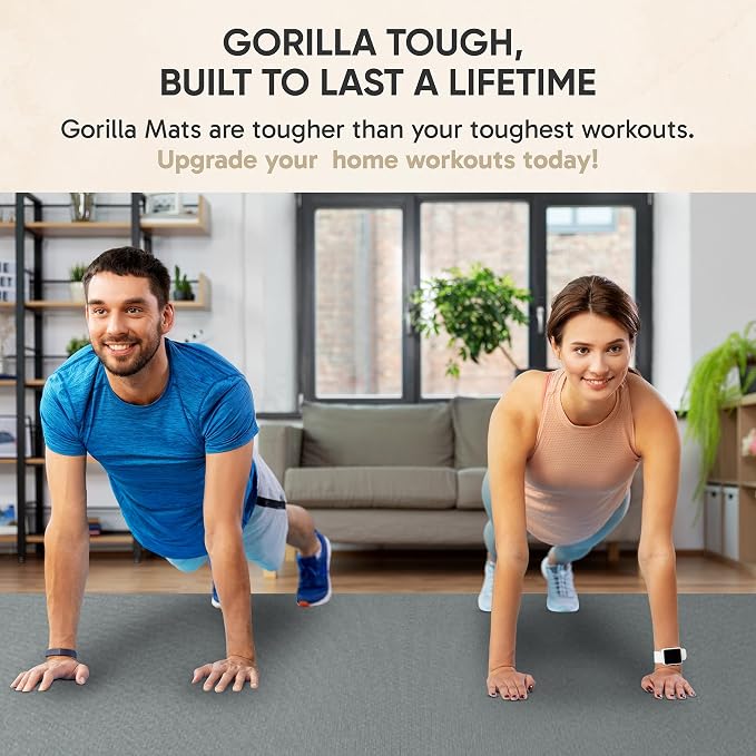 Gorilla Mats Large Exercise Mat – 6'x4', 7'x4', 7'x5', 8'x4', 10'x4' (1/4" Thick) – Ultra Durable Workout Mat for Home Gym Flooring – Non-Slip, Flat Fitness, Yoga & Weight Lifting Floor Mat
