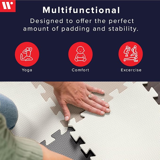 We Sell Mats 3/8" Thick Multipurpose EVA Foam Exercise Floor Mat, 12"x12" Interlocking Kid-Friendly Tiles, Anti-Fatigue for Home, Gym, Playpens, Classrooms