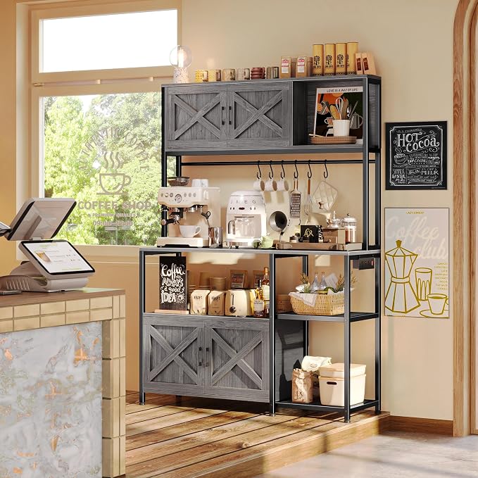 Huuger Large Bakers Rack with Power Outlet, Kitchen Microwave Stand with Cabinets, Coffee Bar Table Station with Storage, 6 S-Shaped Hooks, Mesh Shelves, 45 Inch Wooden Top, Grey