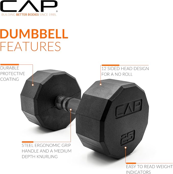 CAP Rubber Coated Dumbbell Weights, Free Weights for Home Gym Strength Training, Anti-Roll Hex Dumbbells with Black, Chrome & Comfort Grip Handles, Singles