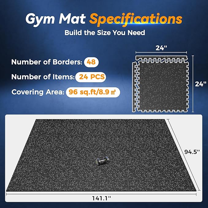 SUPERJARE 1" Extra-Thick Rubber Top Exercise Mat, Puzzle Gym Flooring for Home Gym, Gym Mat for Workout Equipment, Interlocking Floor Tiles with EVA Foam, 24 Pcs 96 Sq Ft, Black/Grey