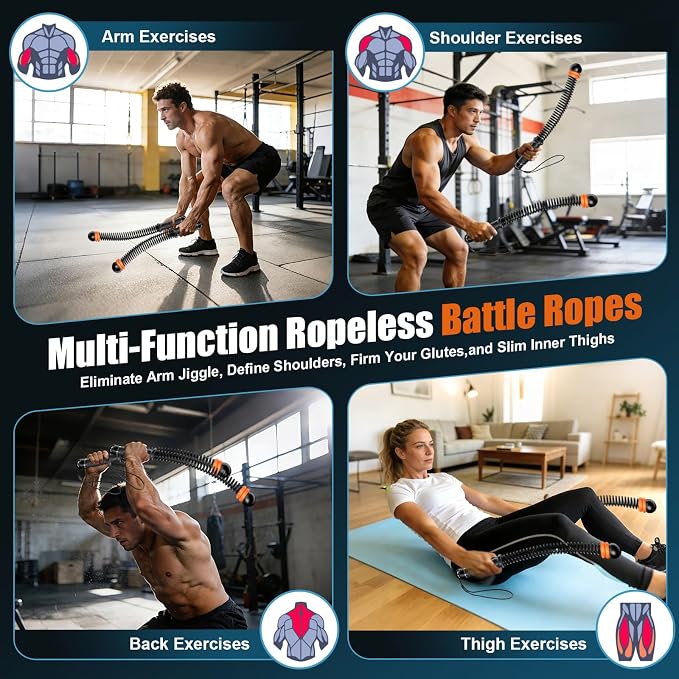 Ropeless Battle Ropes, Heavy Duty Portable Cordless Battle Ropes for Home Gym Adjustable Weights, Workout Exercise Rope for Strength Building, HIIT and Low-Impact Aerobic Training for Men & Women