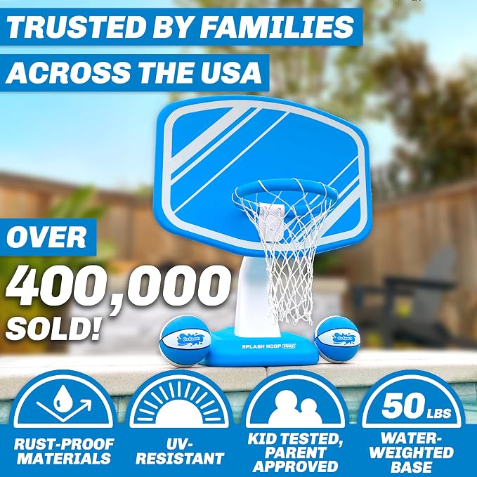 GoSports Splash Hoop PRO Pool Basketball Game – Modern Poolside Basketball Hoop with Backboard, Ball & Pump – Swimming Pool Basketball Hoop for Inground & Above Ground Pools