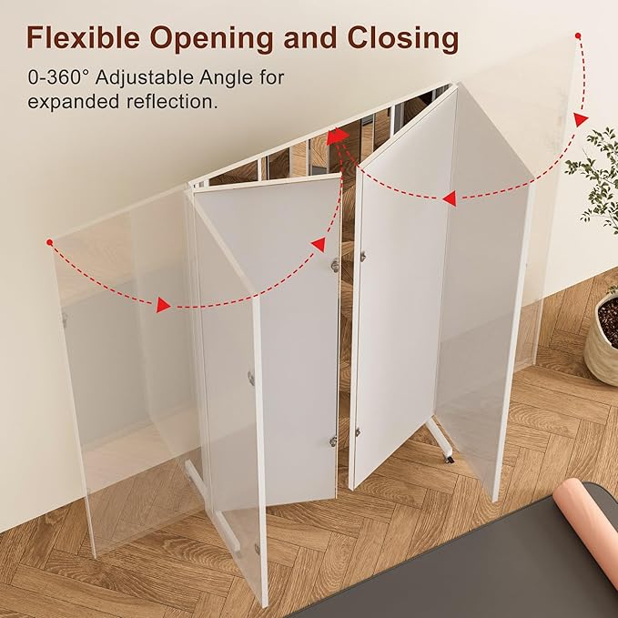 brisafe 79" x 87" Large Full Body Non-Glass Frameless Mirror on Wheels, NanoMirror 360° Swivel Shatterproof Unbreakable Foldable Fitness Mirror for Home Gym Yoga Dance Studio, White