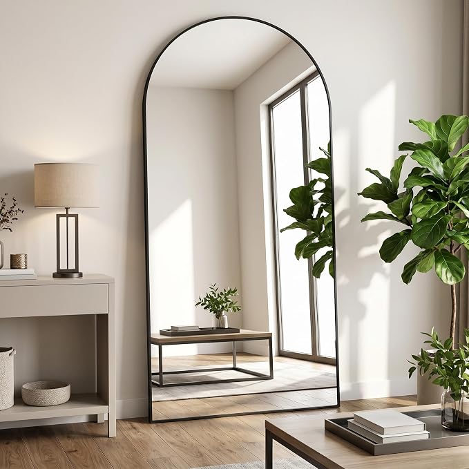 Arched Full Length Mirror 71"x26" Leaning Hanging Decor Black | Standing Body Mirror with Aluminum Frame for Bedroom Cloakroom Living Room Make-up Gift