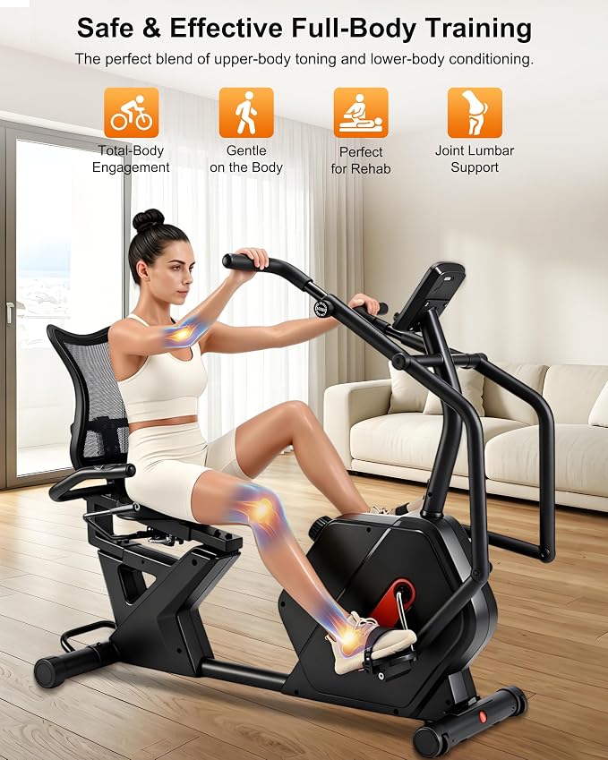 Kawnina Recumbent Exercise Bike for Home with Arm Exerciser, 420 lbs | Heavy-duty stationary bike with ergonomic mesh backrest, adjustable seat rail, arm exerciser & 16-level magnetic resistance.