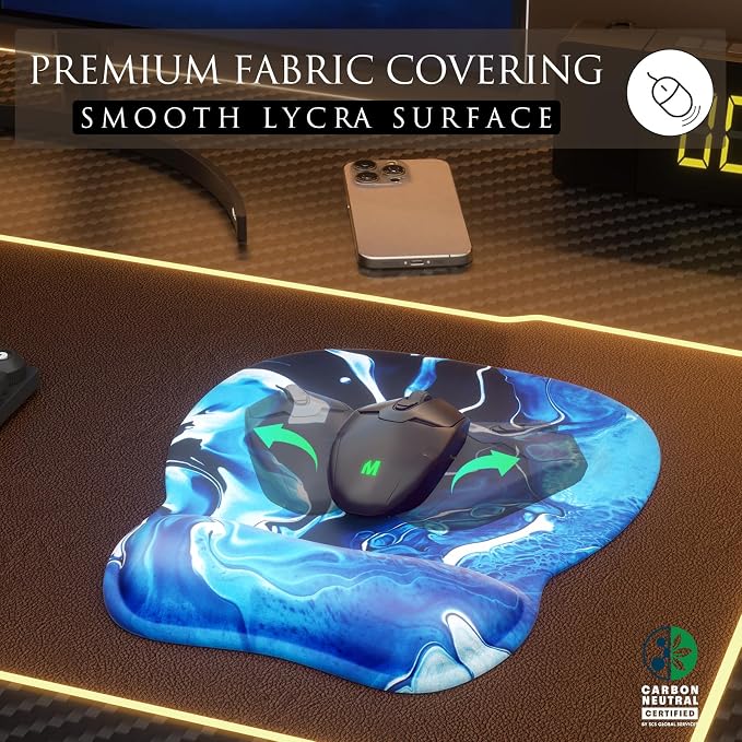 MROCO Ergonomic Mouse Pad with Gel Wrist Rest, 9.4 x 8.1 in, Blue Waves | Ergonomic Shape Design, Multiple Pattern Options, Gel Wrist Comfort, Smooth Lycra Surface, Non-Slip PU Base
