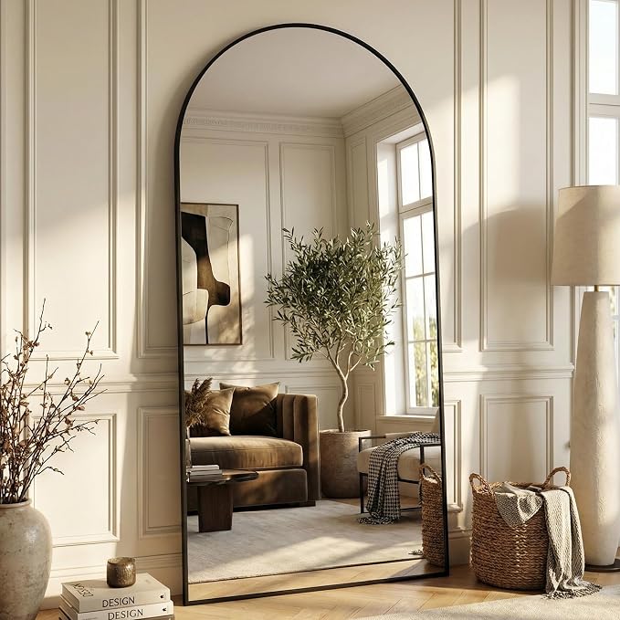 Suidia 81"x41" Arched Full Length Mirror with Stand, Full Body Mirror with Aluminum Frame, Freestanding/Leaning/Wall-Mounted, Floor Mirrors for Bedroom, Living Room, Entryway, Dressing Room, Black