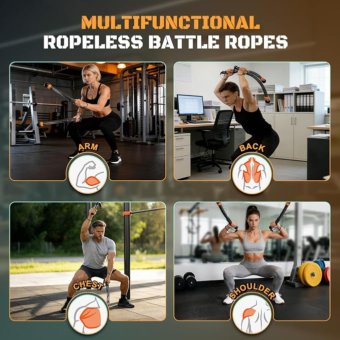 Cordless Battle Ropes, Adjustable Ropeless Battle Ropes for Home Gym | Portable Arm Fitness Equipment for Strength Training & Cardio, No Anchor Needed with Training Poster