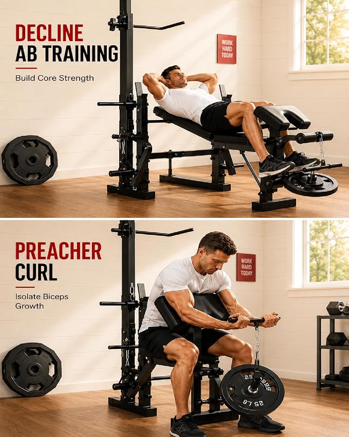 Garvee 8 in 1 Adjustable Weight Bench Set, Lat Pulldown & Leg Extension Foldable Bench Press Set with Preacher Curl Pad, Chest Fly, Leg Curl, Rack, Full Body Home Gym Strength Training Equipment