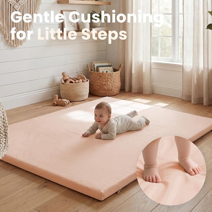 Huloo Sleep Baby Play Mat 74x50 Inches, 1.3" Thick Padded Waterproof Floor Cushion & Playpen Mat with Vegan Leather, Non-Slip & Non-Toxic Nursery Rug for Infants, Toddlers & Kids(Pink)