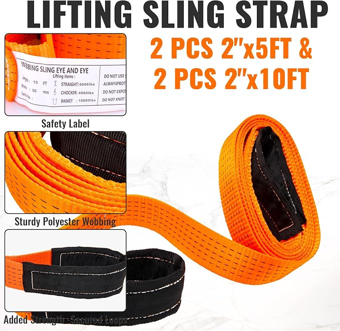 4PCS 2" x5 & 10Ft Heavy Duty Nylon Lifting Straps 18800LBS Tow Strap | Super Sturdy Flat Eye Rigging Webbing Sling, 18800LBS Capacity for Hoist, Moving, Towing, Tree Saver & Winch Strap