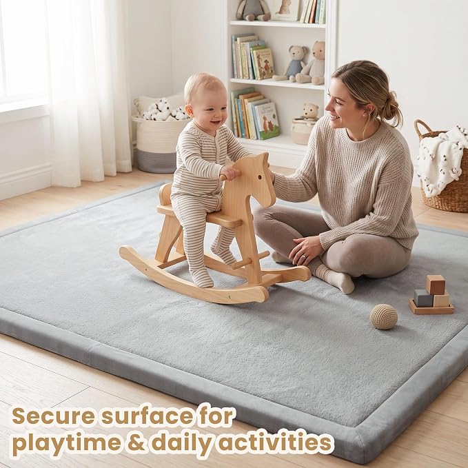 ACOMOPACK Baby Play Mat for Floor 1.3" Thick Memory Foam Play Mat 39"×59" Tummy Time Crawling with Non-Slip Bottom for Living Room,Nursery,Soft Velvet Playpen Mats for Kids,Infants（Light Grey）