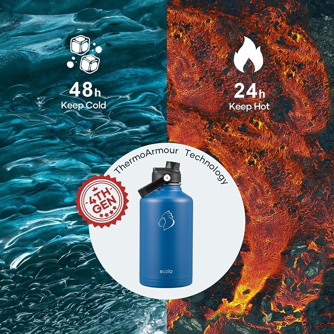 BUZIO Vacuum Insulated Stainless Steel Water Bottle (Cold for 48 Hrs/Hot for 24 Hrs), 64oz Double Walled Wide Mouth Sports Drink Flask with BPA Free Straw Lid and Flex Cap, Cobalt | Half Gallon Water Jug (Dishwasher Safe), Cold for 48 Hrs, Triple Wall ...