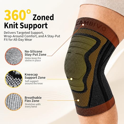 CAMBIVO 2 Pack Knee Brace for Women & Men, Compression Sleeves Knee Support | Lightweight Side Stabilizers| Latex free & silicone free | Knee pain relief for meniscus | Non-slip for running, hiking, gym