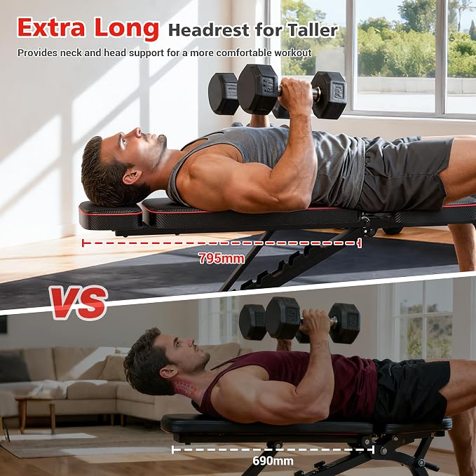 XDDIAS Workout Bench, 10 Backrests Adjustable Weight Bench with Extended Headrest, 800LBS Foldable Weight Bench for Home Gym, Incline Decline Flat Bench Compact for Small Space Training