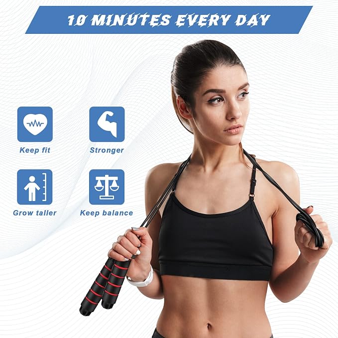 Jump Ropes for Fitness with Ball Bearings Speed Jumping Adjustable Skipping Rope with Foam Handles Exercise Stuffer for Men Women Cardio Training Slim Body
