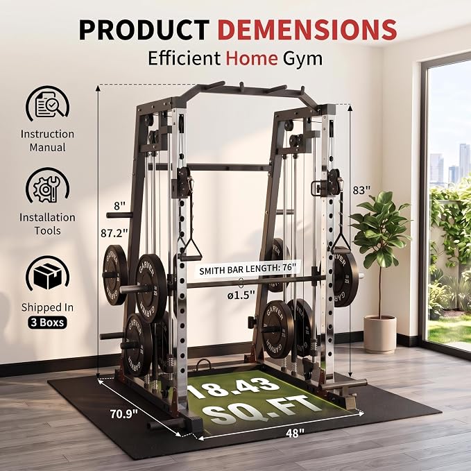 Smith Machine Home Gym – 2200LBS Multi-Function Squat Rack with Smith Bar | Power Cage,LAT Pulldown,Cable Crossover System,Dual Pulley Station,360° Landmine, Heavy Duty Full Body Workout Equipment