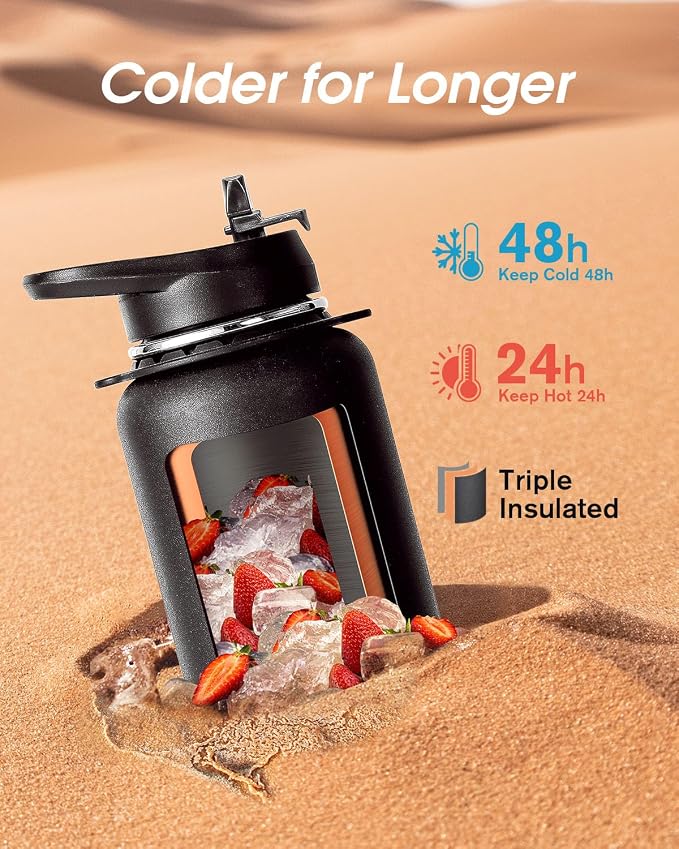 Coolflask 32 oz Water Bottle Insulated Stainless Steel with Strap | Metal Water Flask with Straw & Spout Lids, Triple-Wall, Cold 48+h, Dishwasher Safe, Leakproof, BPA-Free, for Gym & Hiking