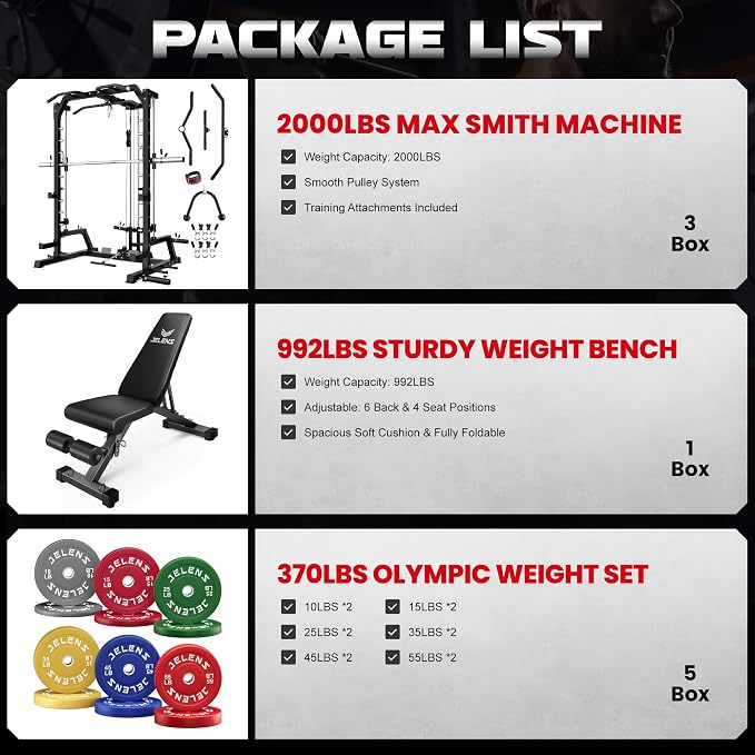 SR01 Smith Machine, 2000LBS Multi-Function Power Cage with LAT Pulldown System, All-in-One Home Gym Squat Rack with Smith Bar and Training Attachments for Full Body Workouts