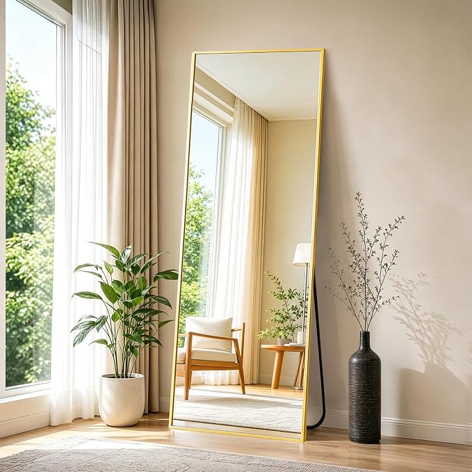 NEWBULIG 64"x21" Full Length Mirror, Full Body Standing Mirror, Gold | Leaning or Standing, Tempered Glass, Aluminum Alloy Thin Frame Floor Stand for Bedroom, Cloakroom
