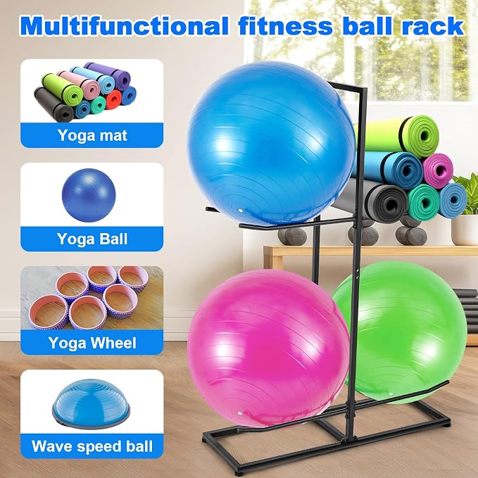 Blulu Exercise Ball Holder, Stability Ball Rack, Exercise Ball Storage Racks Suitable for Yoga Ball Stability Ball Yoga Mats Home and Commercial Gym