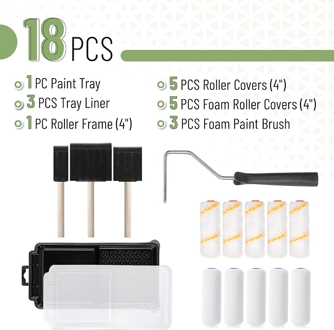 Bates- 4 Inch Paint Roller Set, 18 pcs, 1x Plastic Paint Tray, 3X Disposable Tray Liners, 1x Roller Frame, 5X Foam Covers, 5X Microfiber Covers, 3X Foam Brushes (1", 2", 3")