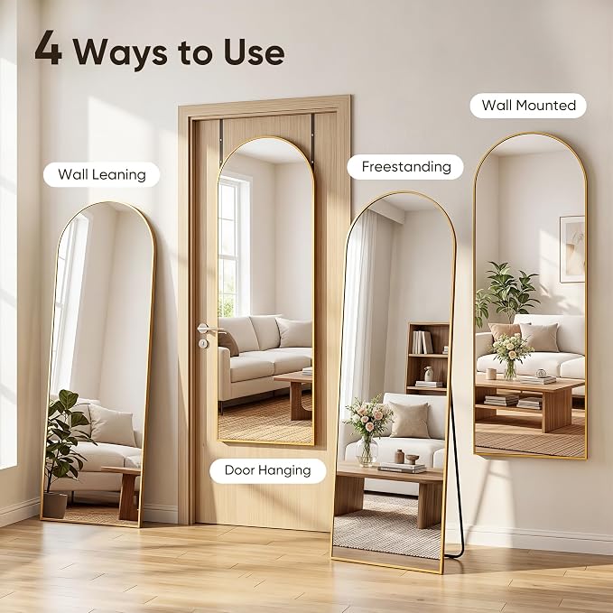 58"x20" Over The Door Mirror, Arched Full Length Mirror with Aluminum Frame, Adjustable Hooks, Wall Mounted or Standing for Bedroom Living Room, Gold
